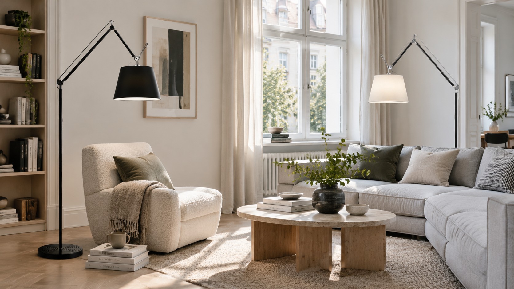 Adjustable floor lamp in a bright living room with white and black shades