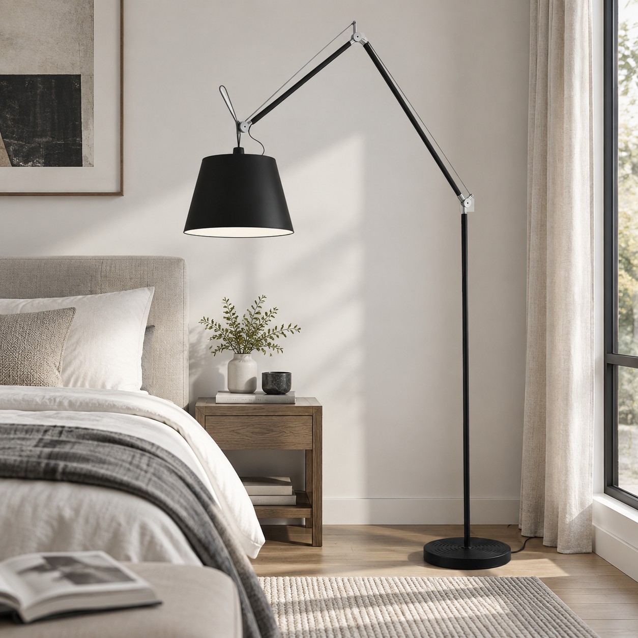 Adjustable floor lamp beside a reading chair