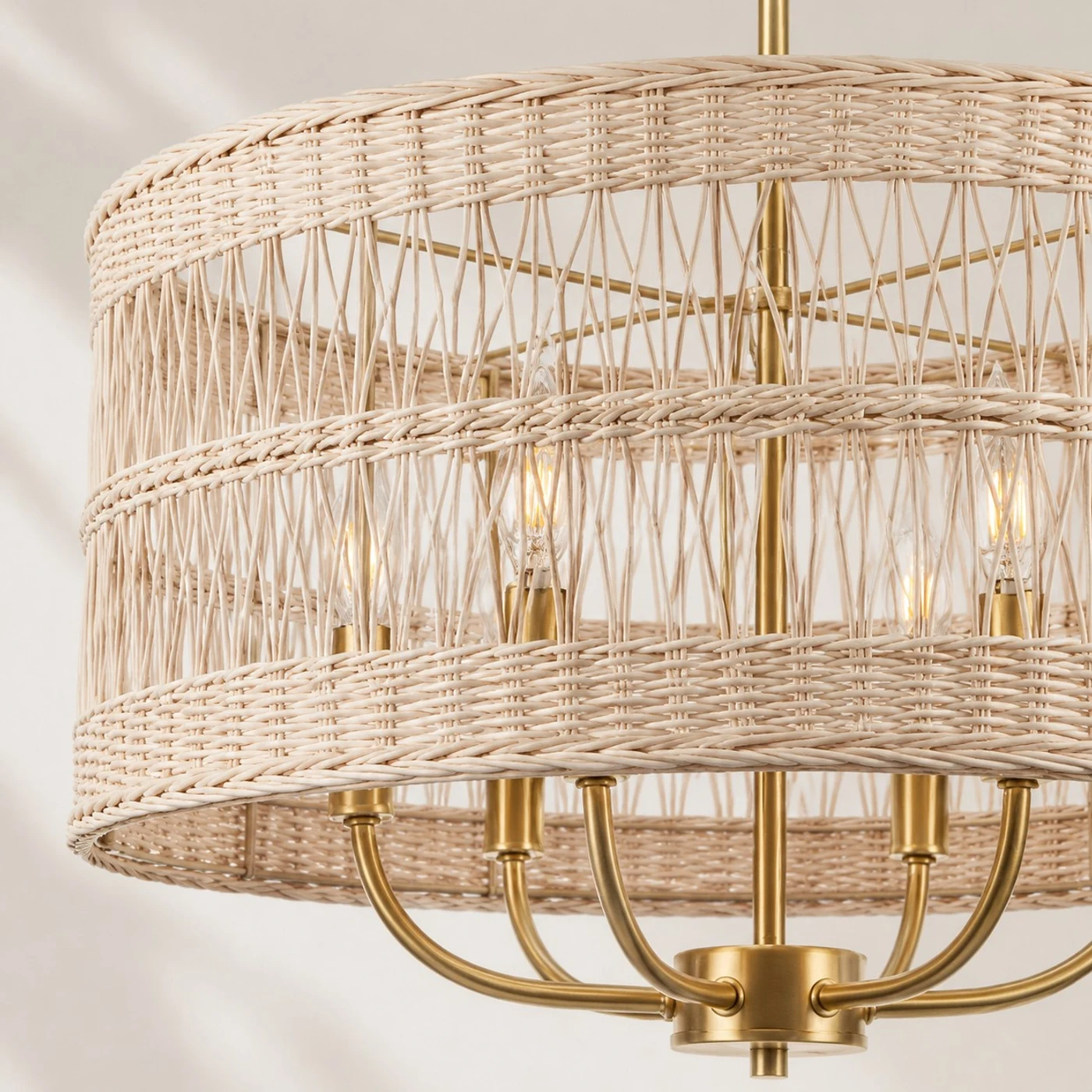 Close detail of woven rattan chandelier shade