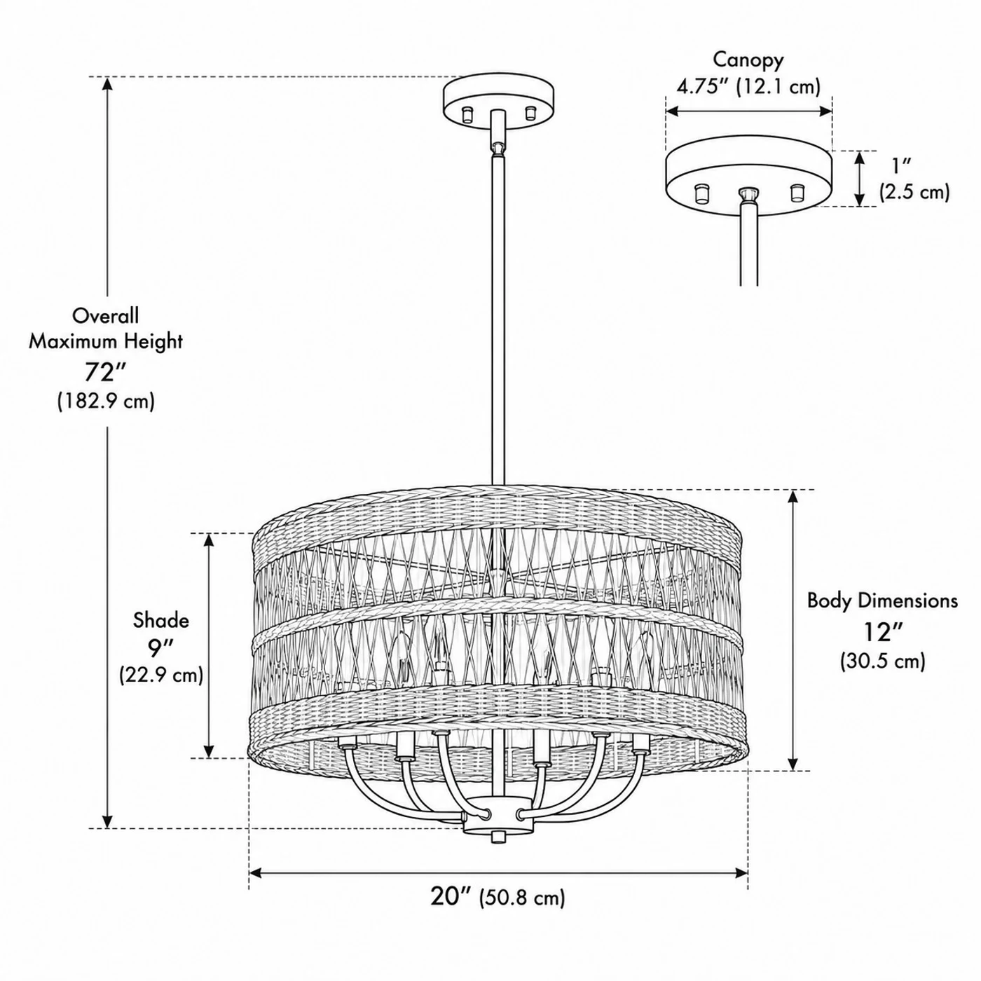Rattan chandelier dimensions diagram