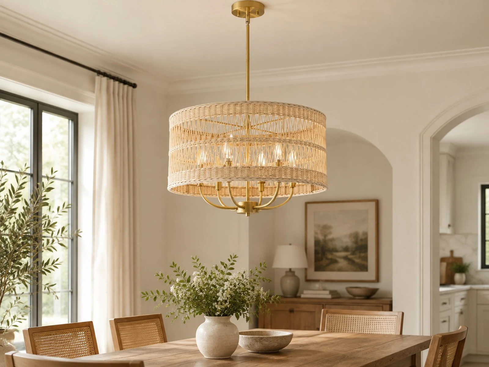 Rattan chandelier in a bright dining room