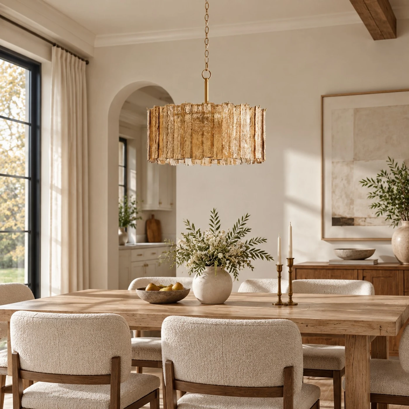 Amber glass chandelier above a dining table