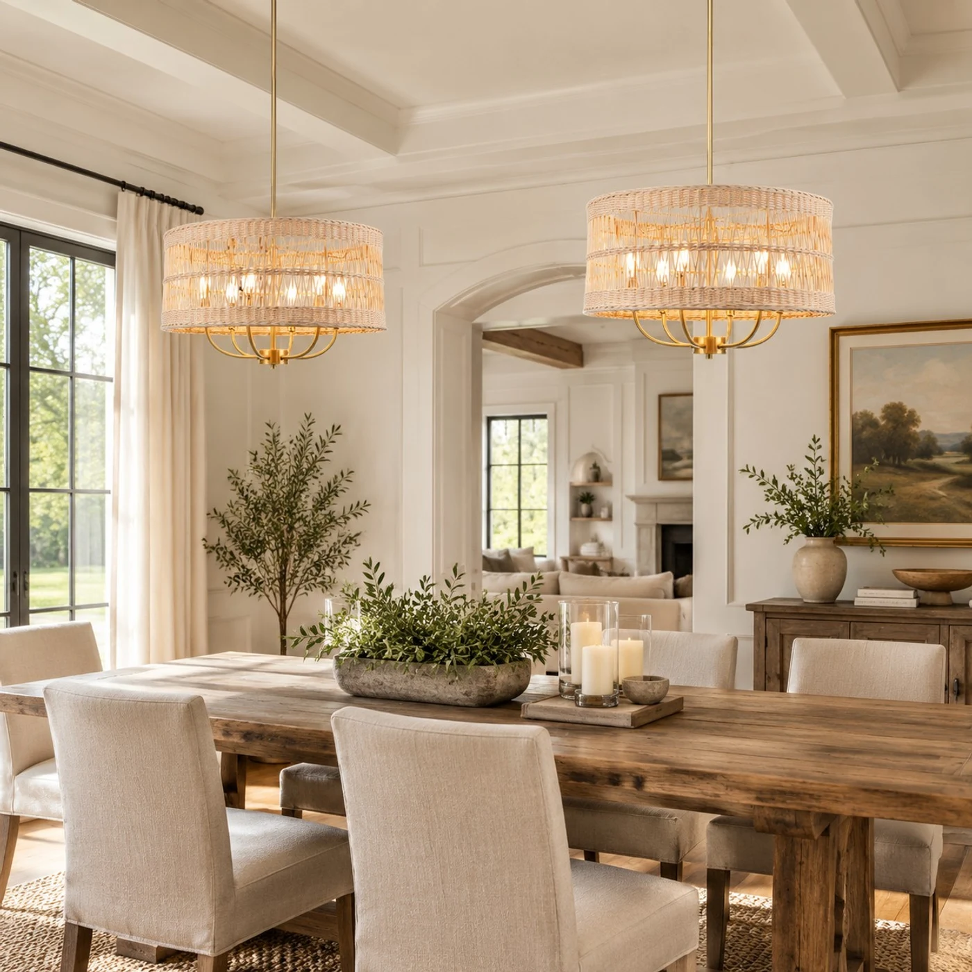 Rattan chandelier above a dining table