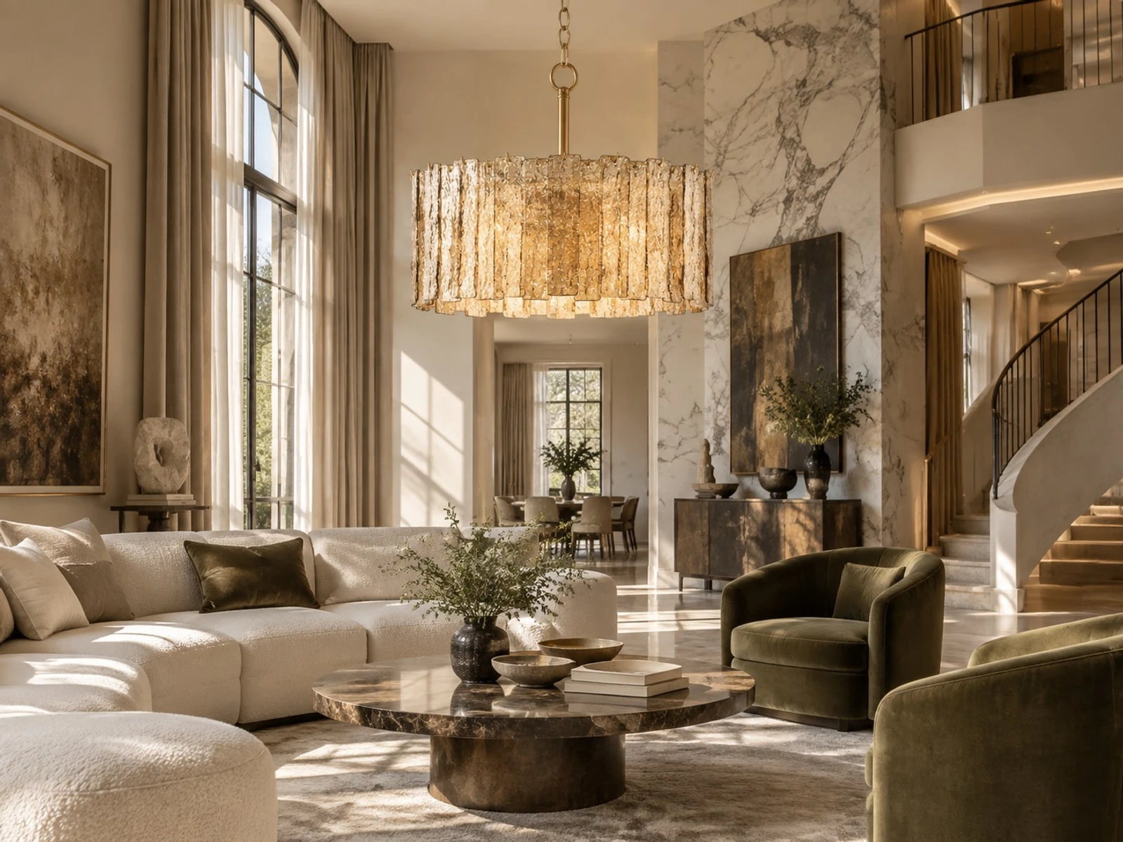 Amber glass chandelier in a living room