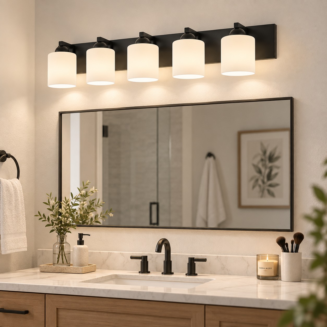 Glass Bathroom Vanity Light with cylindrical shades and a metal wall bar