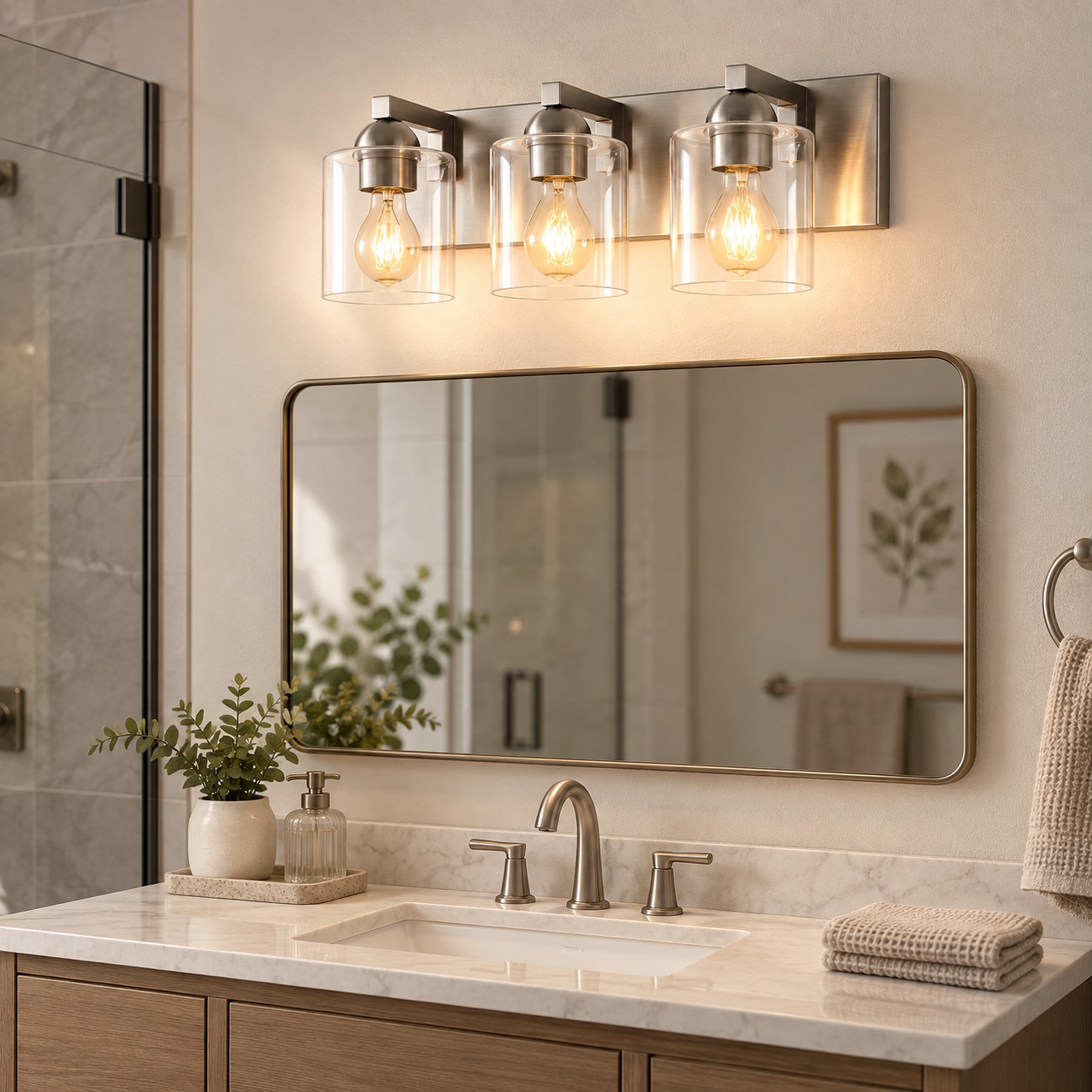 Glass Bathroom Vanity Light with cylindrical shades and a metal wall bar