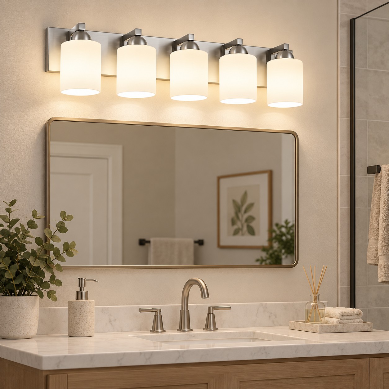 Glass Bathroom Vanity Light with cylindrical shades and a metal wall bar