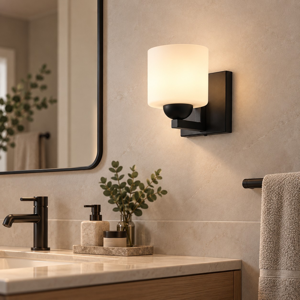 Glass Bathroom Vanity Light with cylindrical shades and a metal wall bar