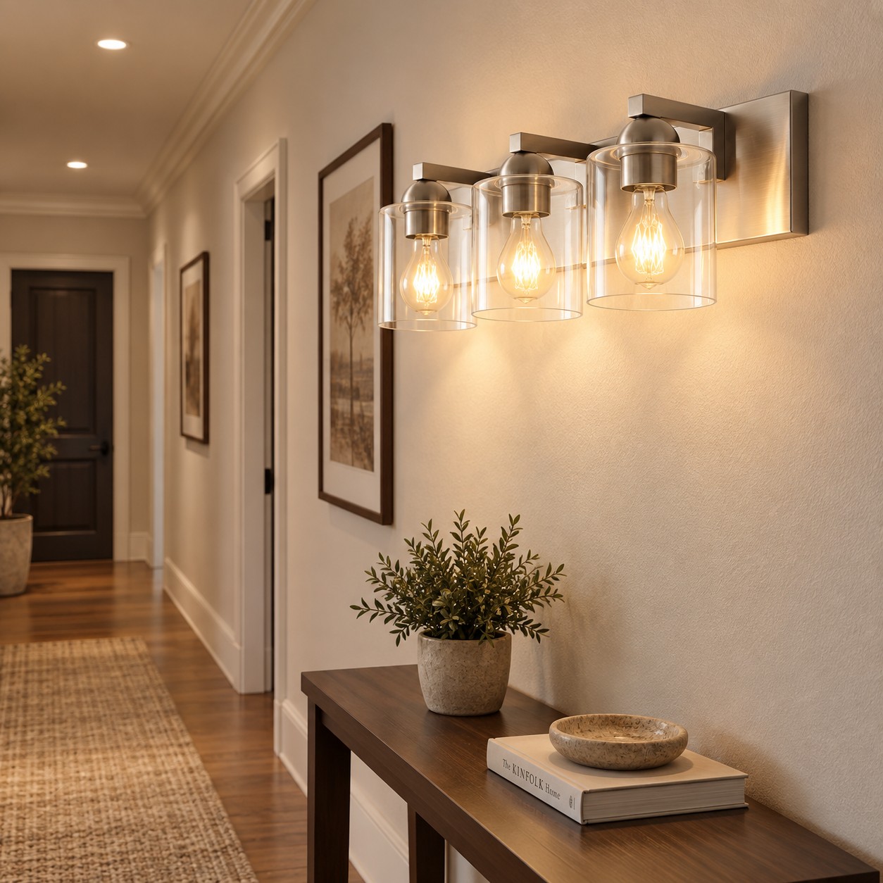 Glass Bathroom Vanity Light with cylindrical shades and a metal wall bar