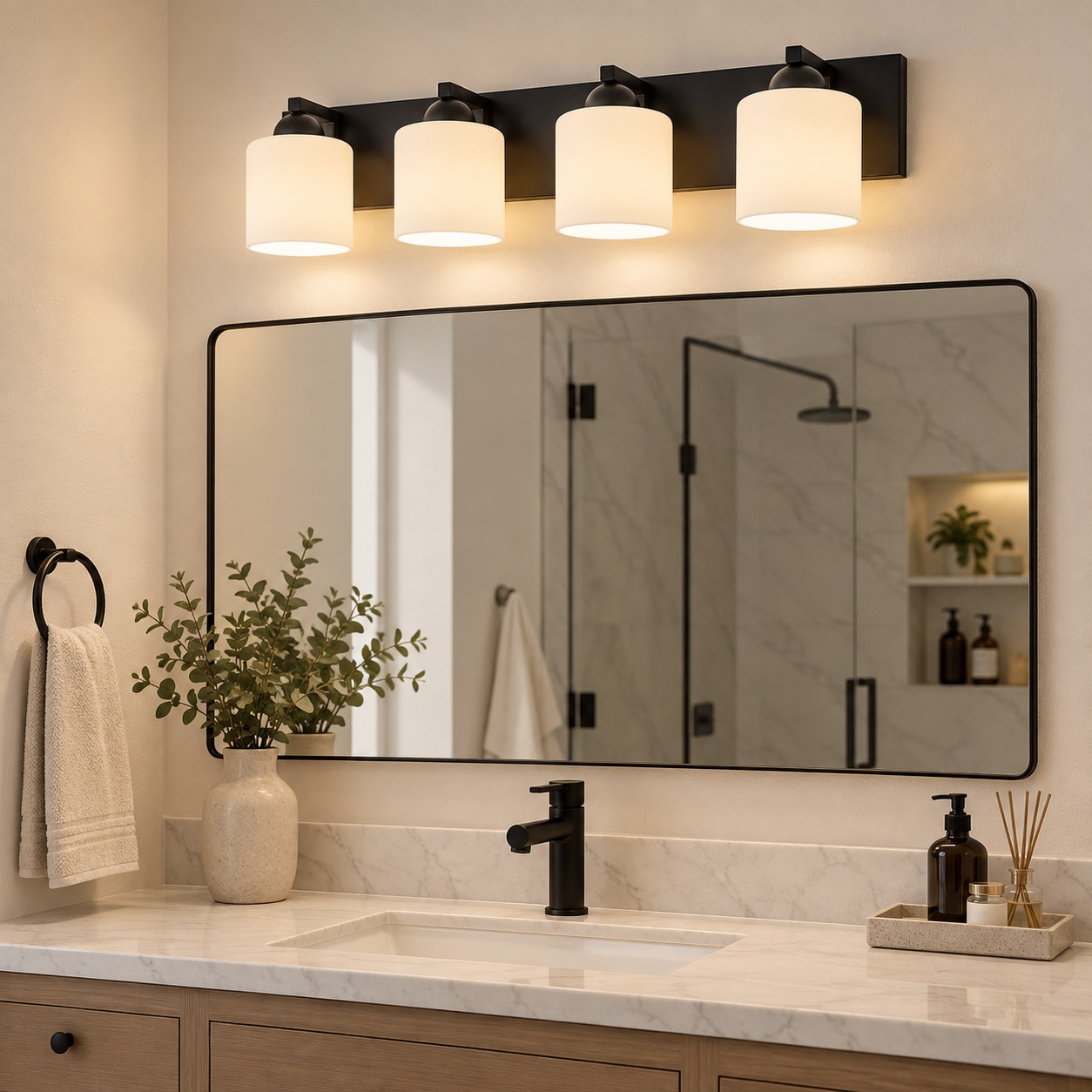 Glass Bathroom Vanity Light with cylindrical shades and a metal wall bar