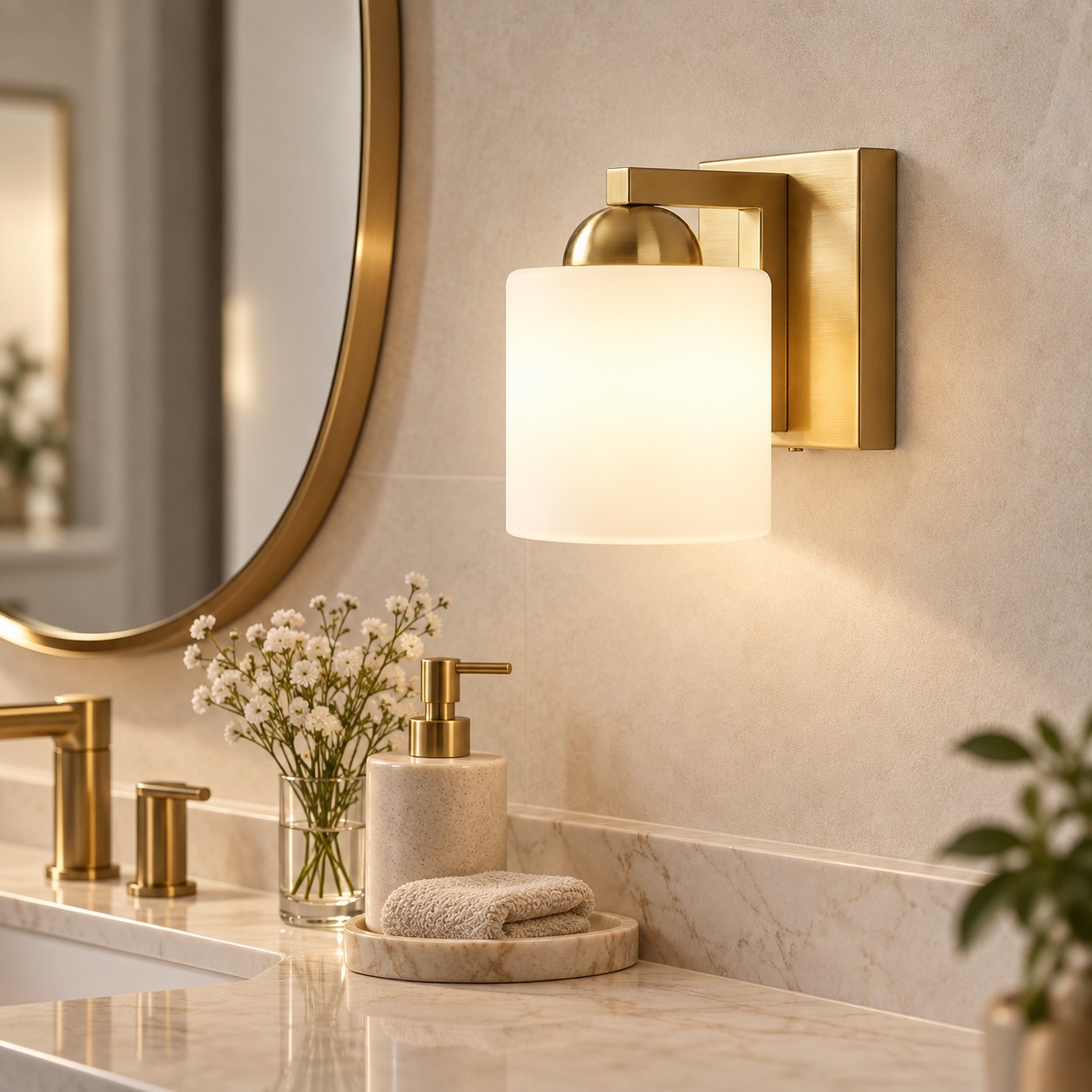 Glass Bathroom Vanity Light with cylindrical shades and a metal wall bar