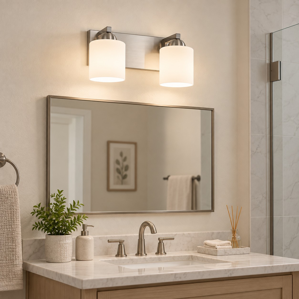 Glass Bathroom Vanity Light with cylindrical shades and a metal wall bar