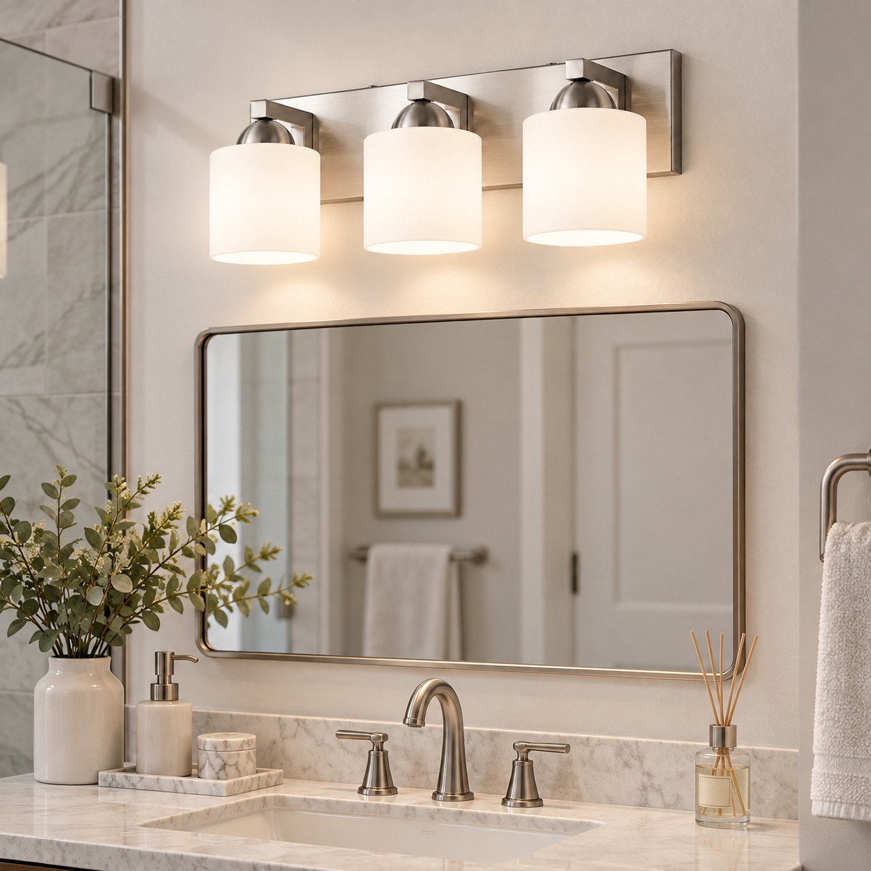 Glass Bathroom Vanity Light with cylindrical shades and a metal wall bar