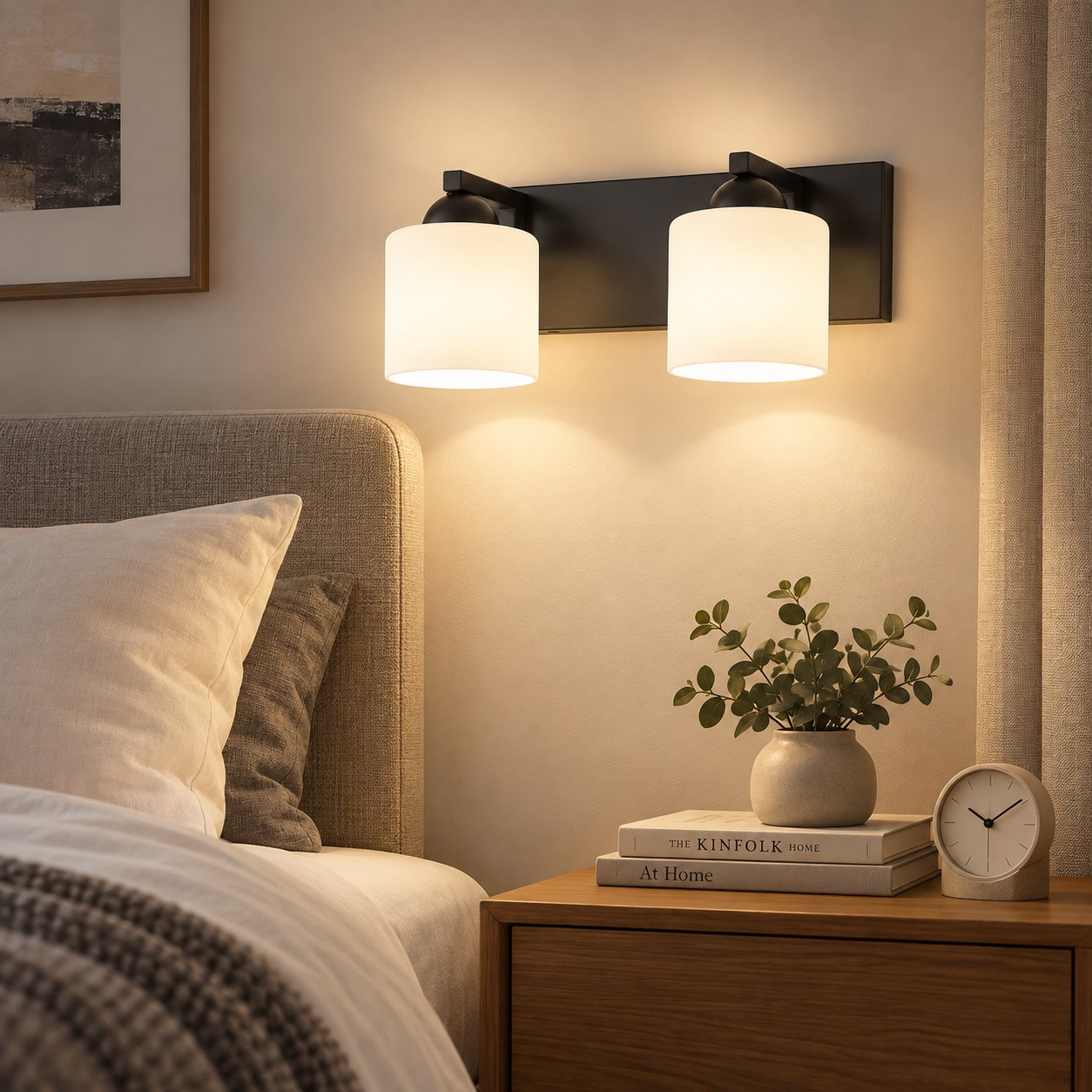 Glass Bathroom Vanity Light with cylindrical shades and a metal wall bar