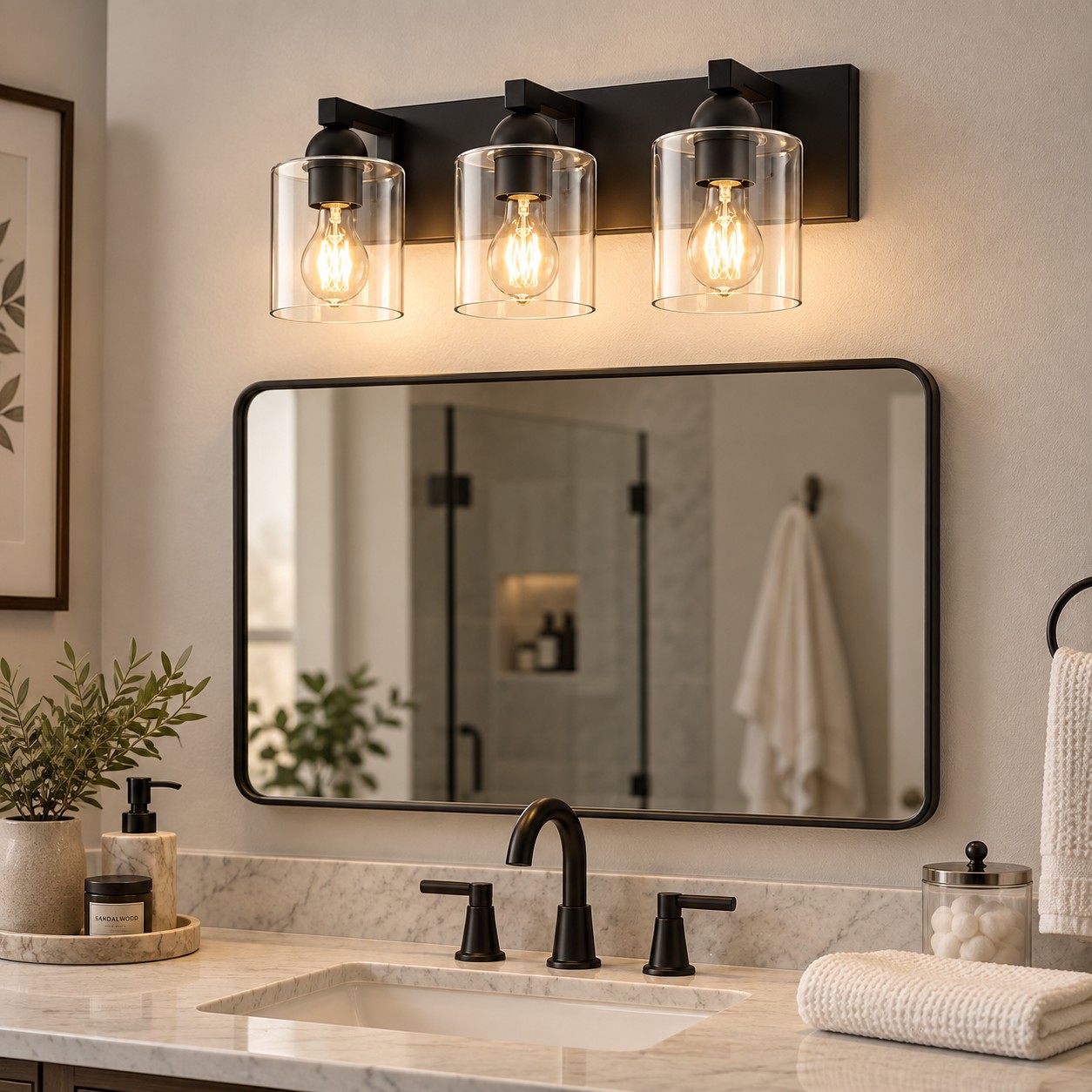 Glass Bathroom Vanity Light with cylindrical shades and a metal wall bar