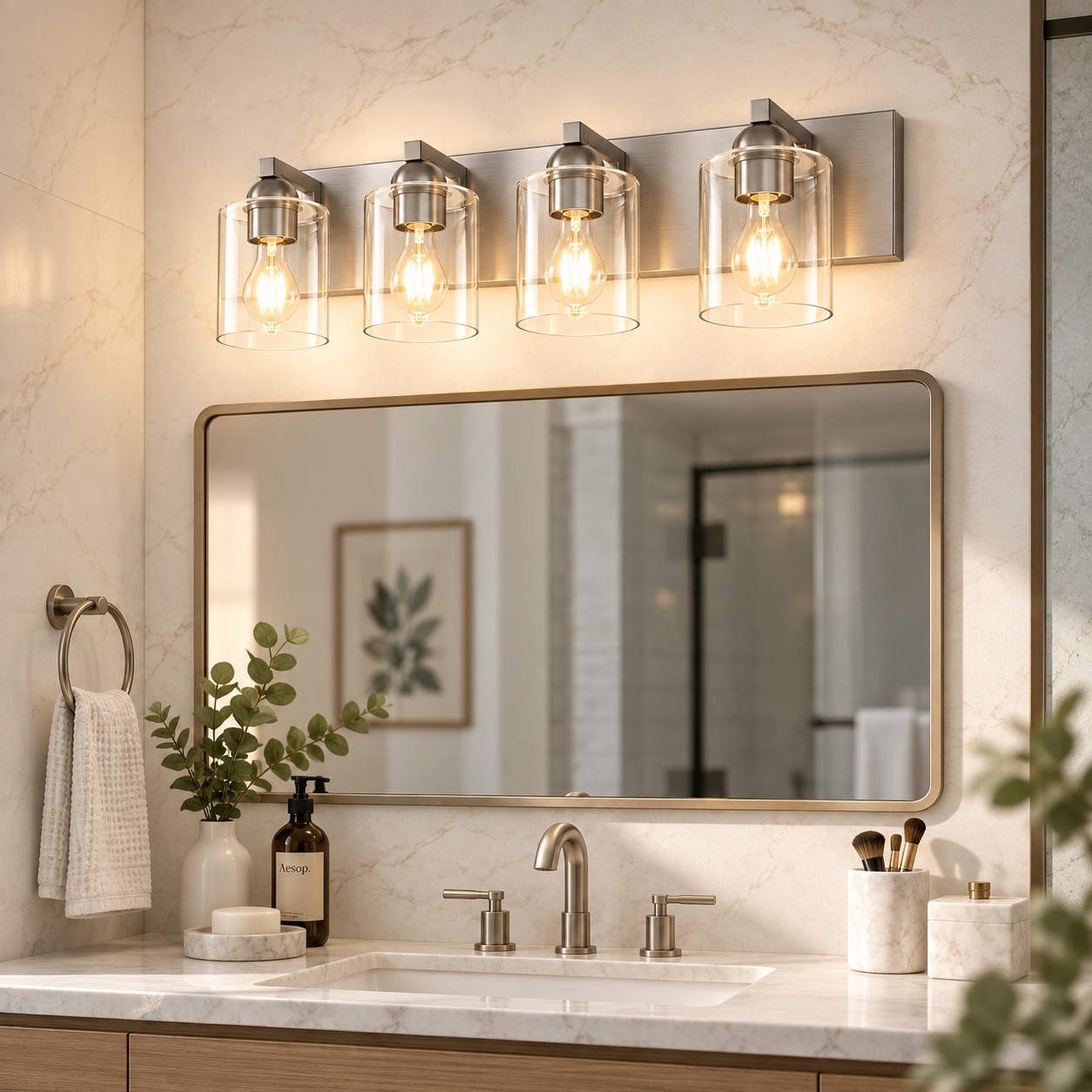 Glass Bathroom Vanity Light with cylindrical shades and a metal wall bar
