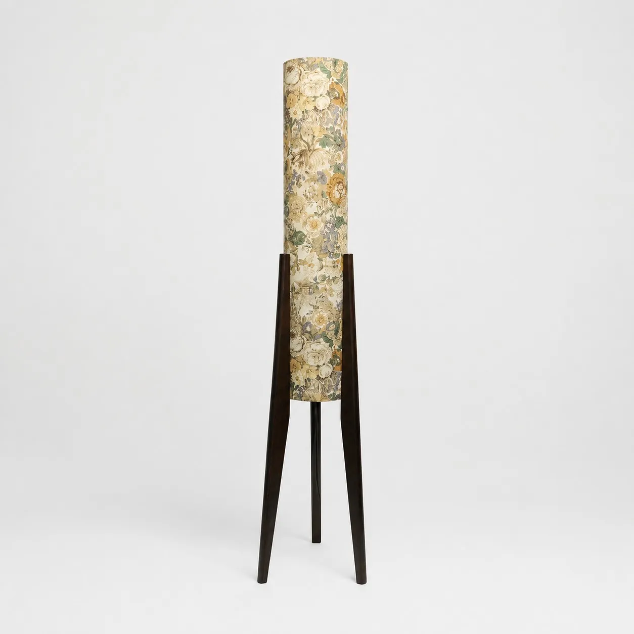 Vintage ivory floral Liberty fabric tripod floor lamp with dark wood frame