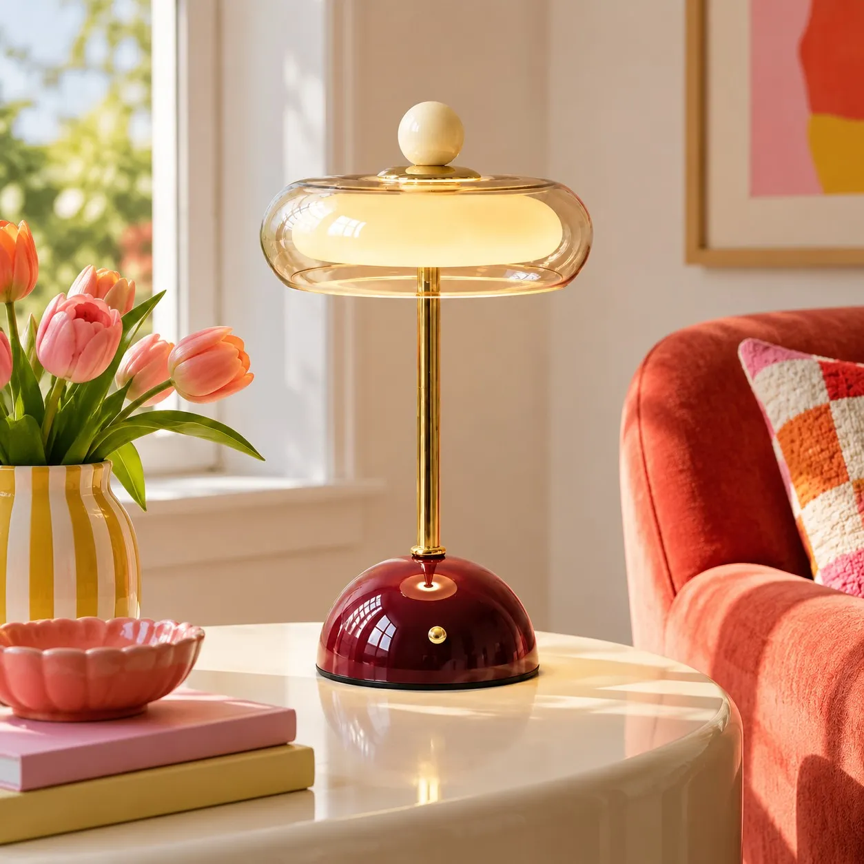 Burgundy Veloura lamp in a living room