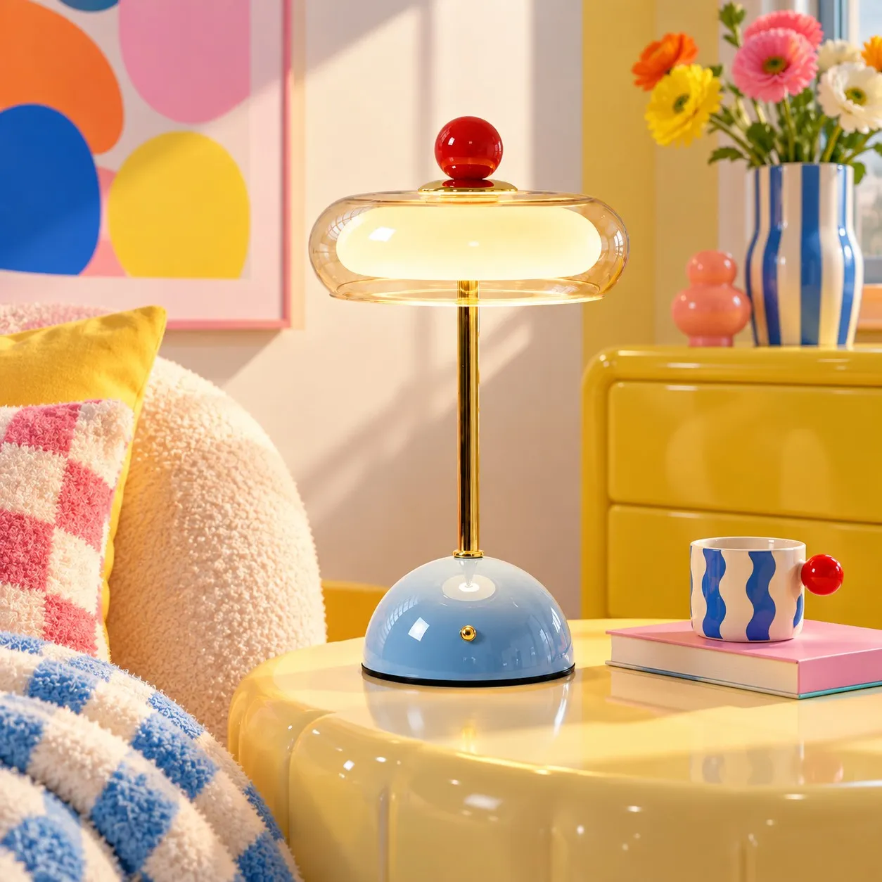 Powder Blue Veloura lamp on a desk