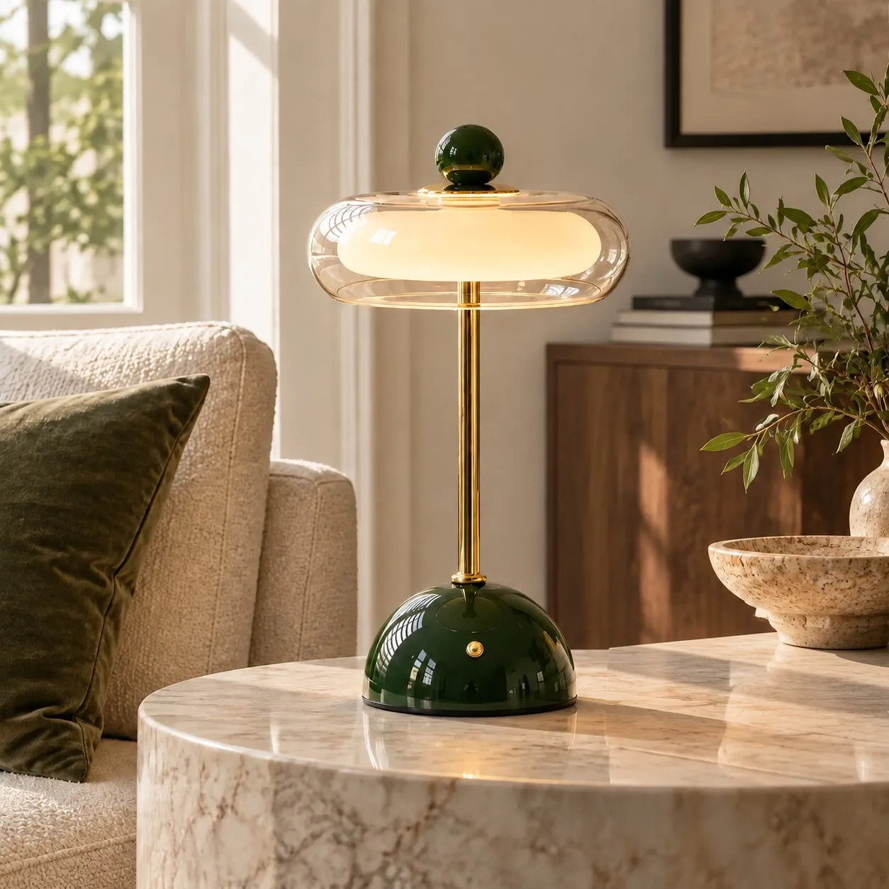 Green Veloura lamp on a bedside table