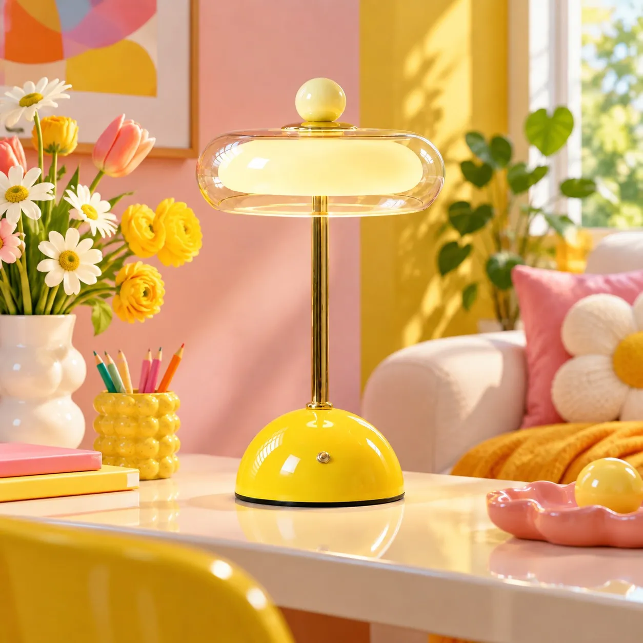 Pink Veloura lamp in a reading corner