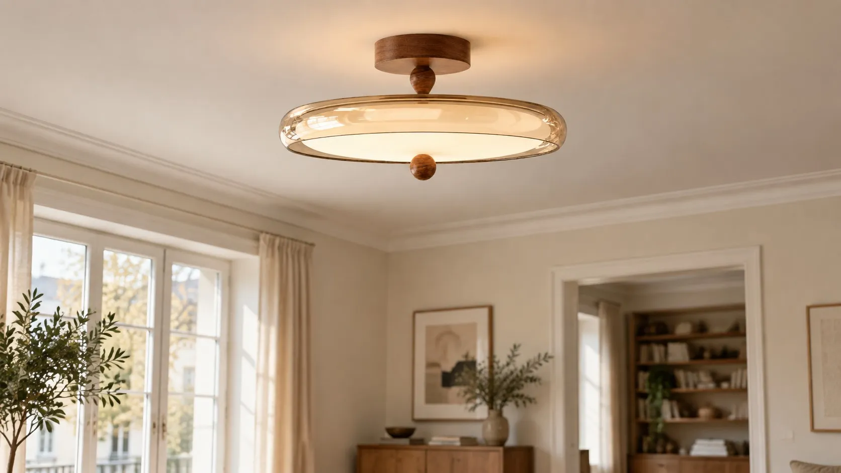 Veloura vintage glass disc flush mount ceiling light in a warm living room
