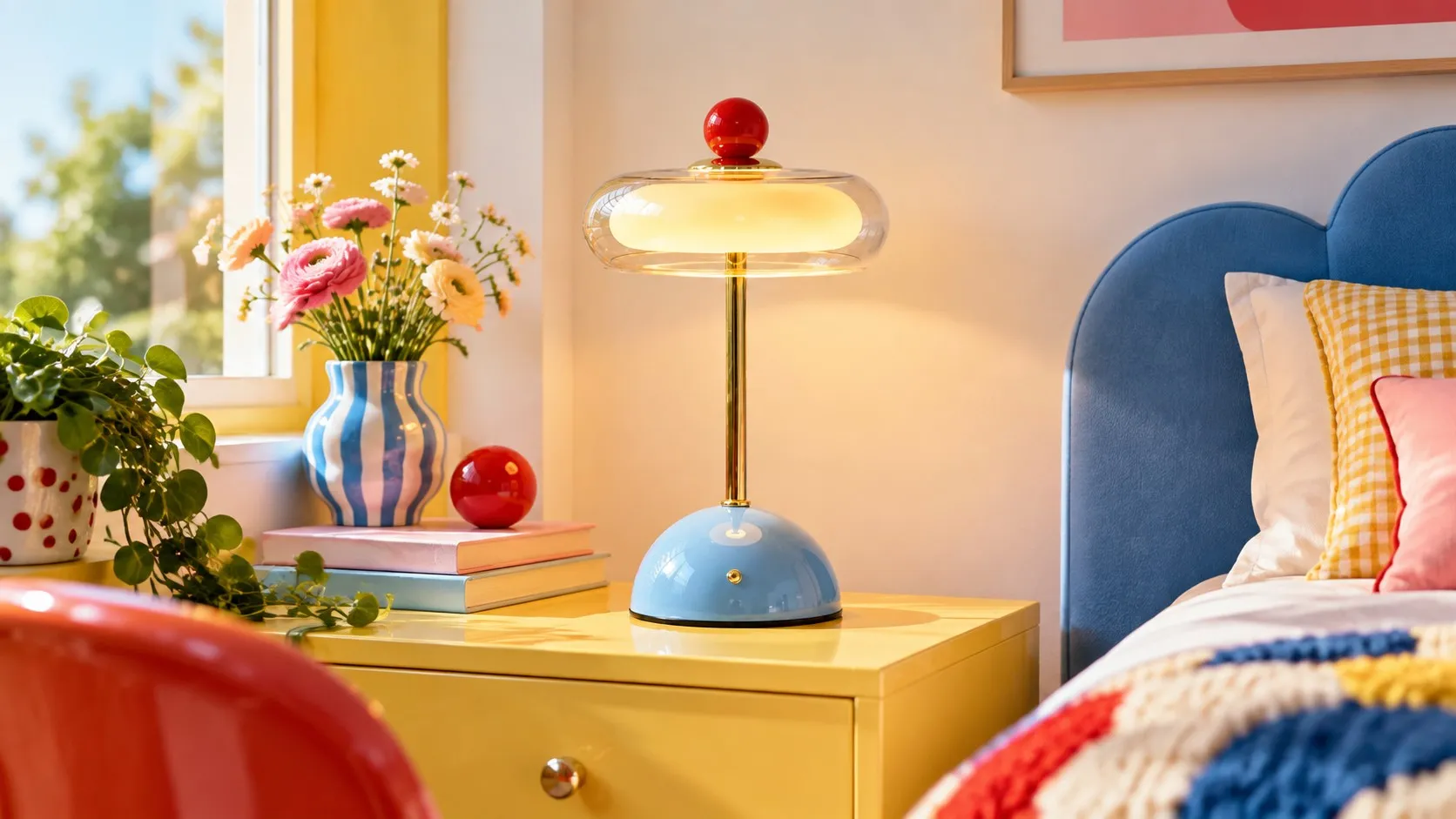 Veloura Memphis table lamp on a colorful bedside table