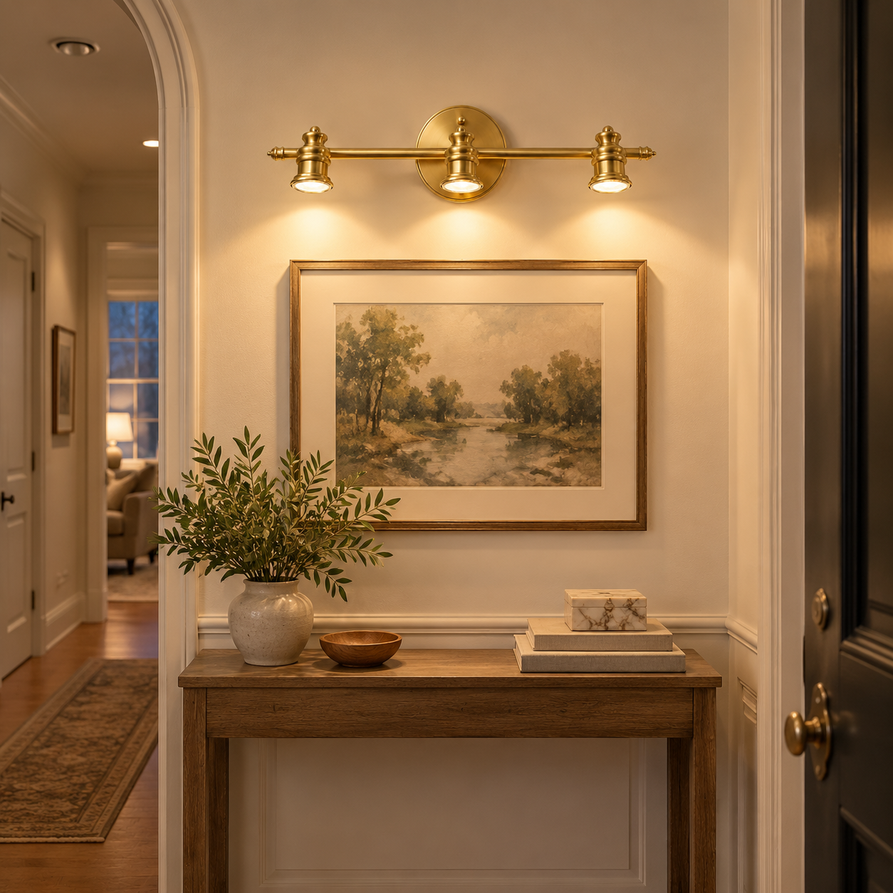 Aurelia Brass Vanity Wall Light with sculpted shades and a linear wall bar - New2609-1024415 interior scene