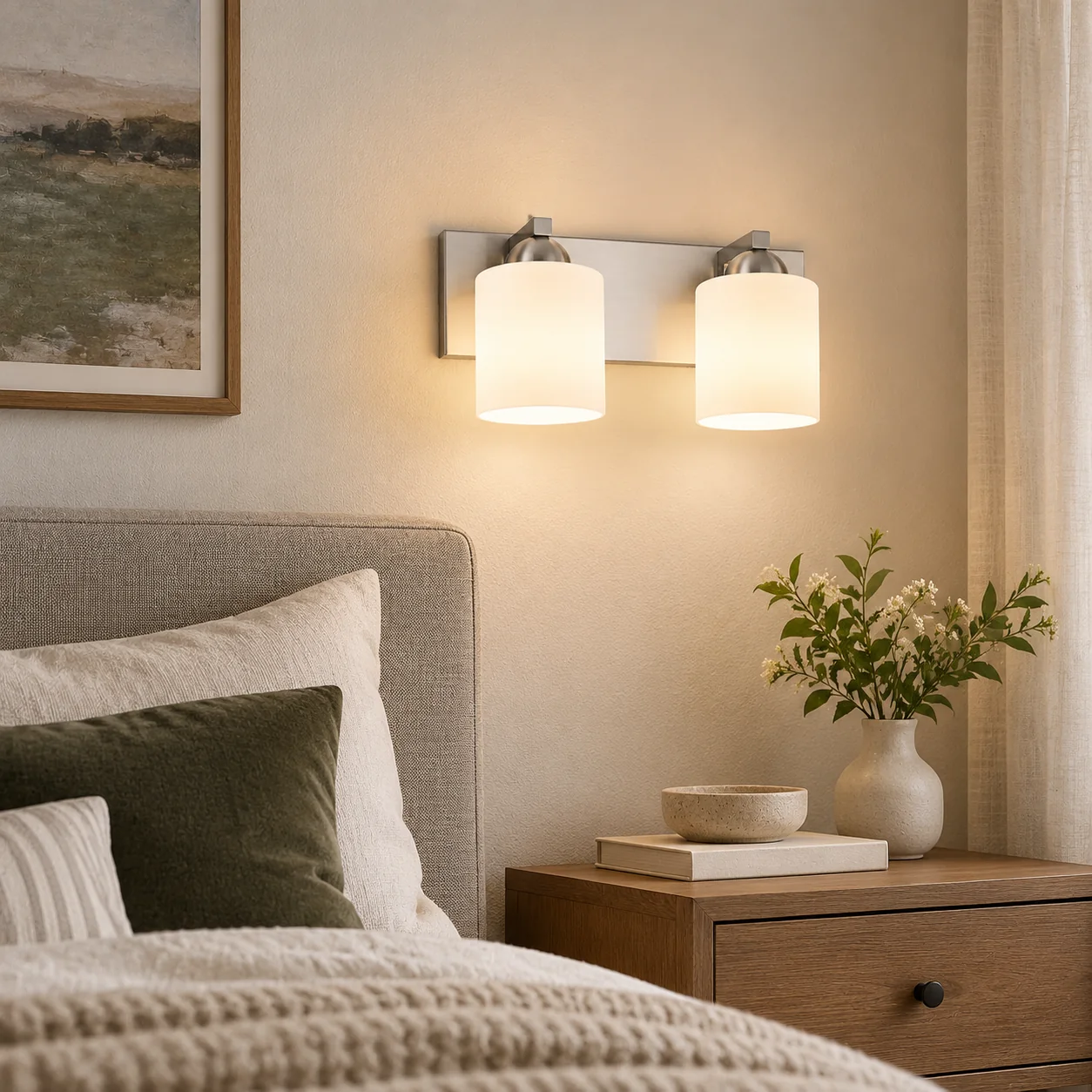 Glass Bathroom Vanity Light with cylindrical shades and a metal wall bar - New2609-1024429 interior scene