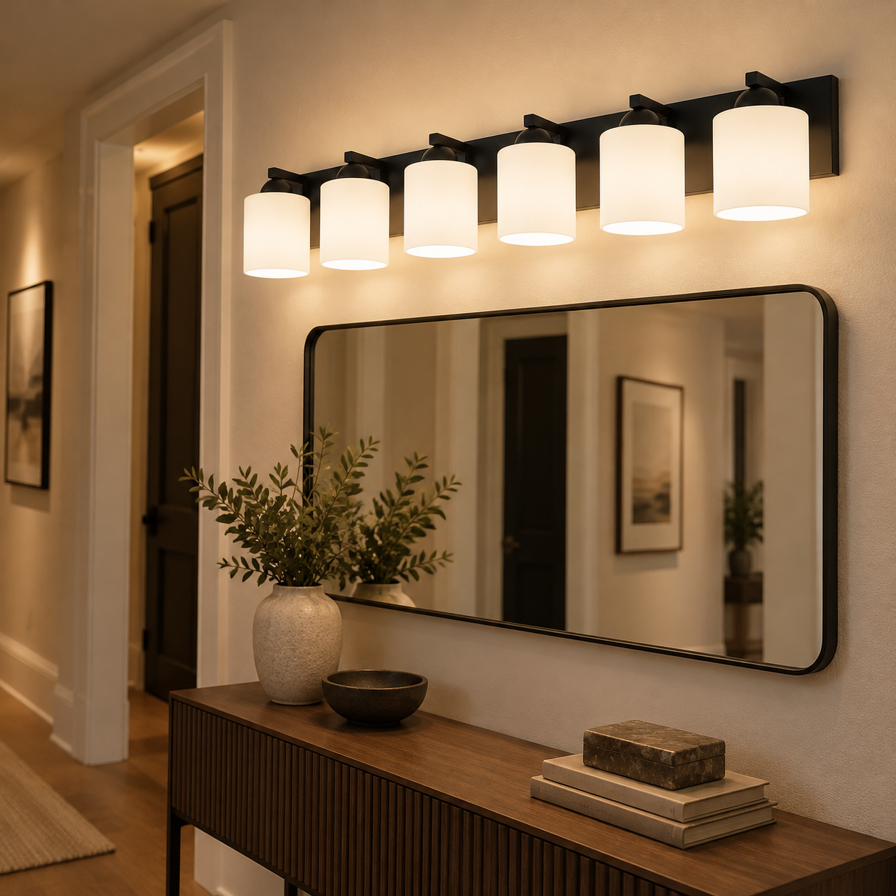 Glass Bathroom Vanity Light with cylindrical shades and a metal wall bar - New2609-1024418 interior scene