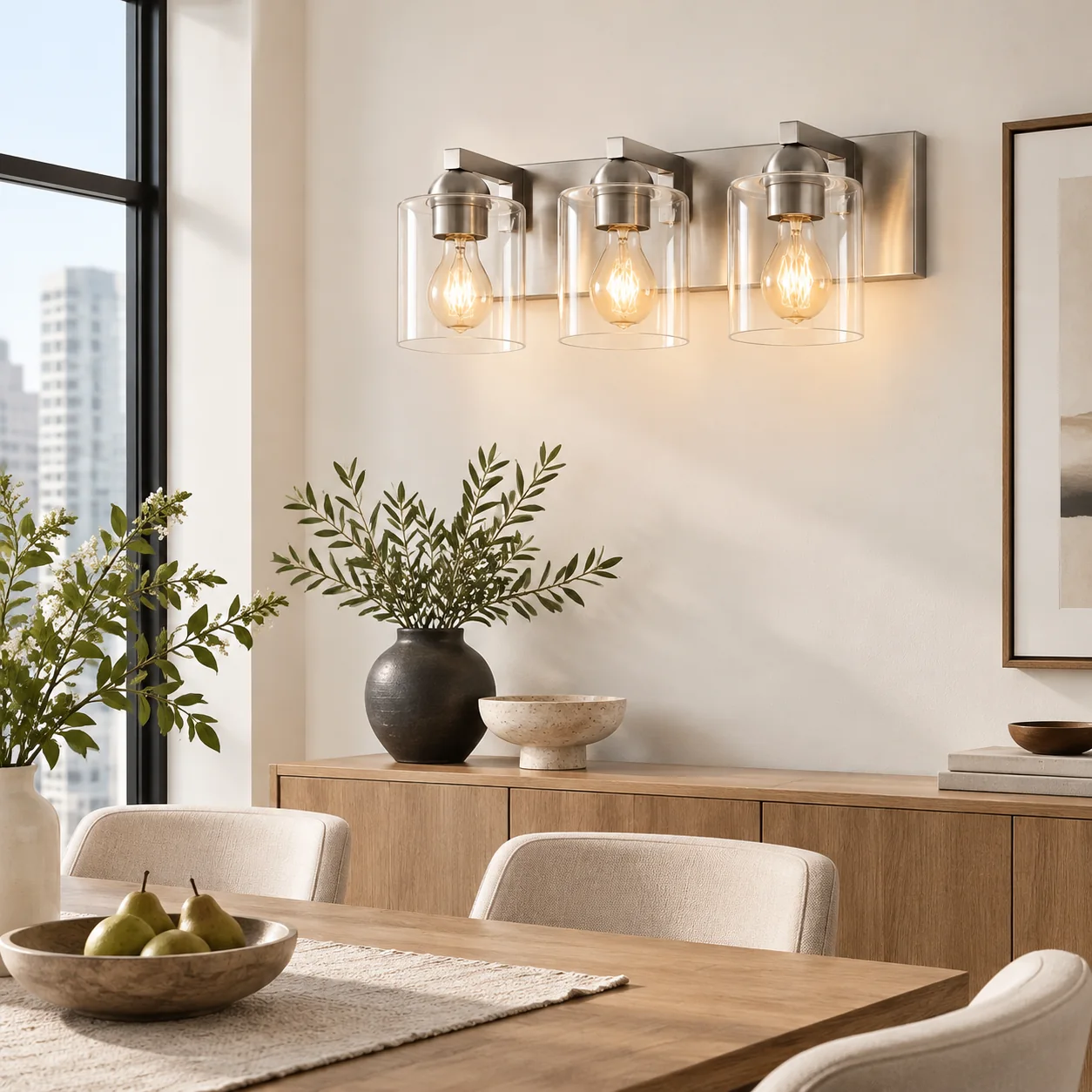 Glass Bathroom Vanity Light with cylindrical shades and a metal wall bar - New2609-1024428 interior scene