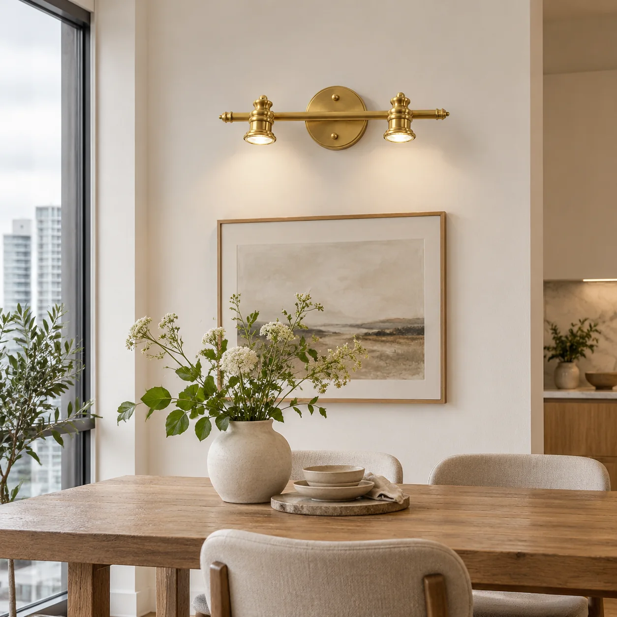 Aurelia Brass Vanity Wall Light with sculpted shades and a linear wall bar - New2609-1024416 interior scene