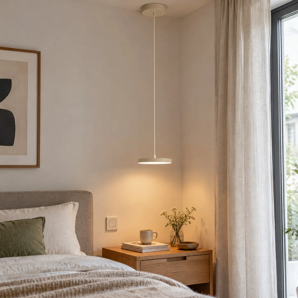 Lichte schijfhangerlamp naast een bed