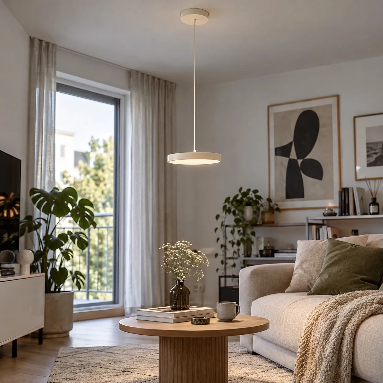 Lichte schijfhangerlamp boven een salontafel