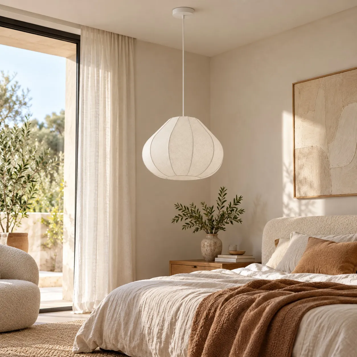 Witte lantaarnhanger naast een bed