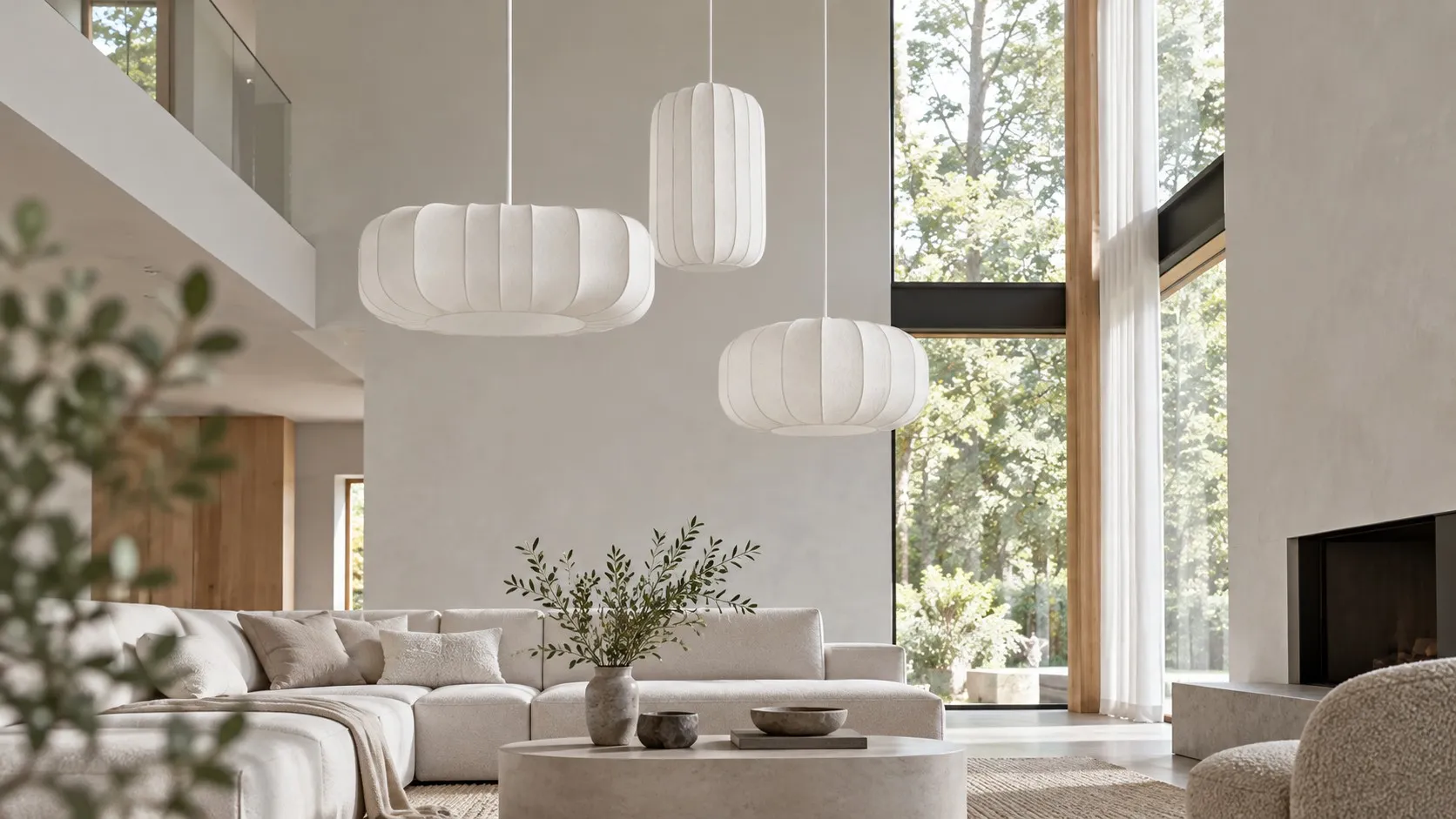 Drie witte lantaarnhangers in een woonkamer