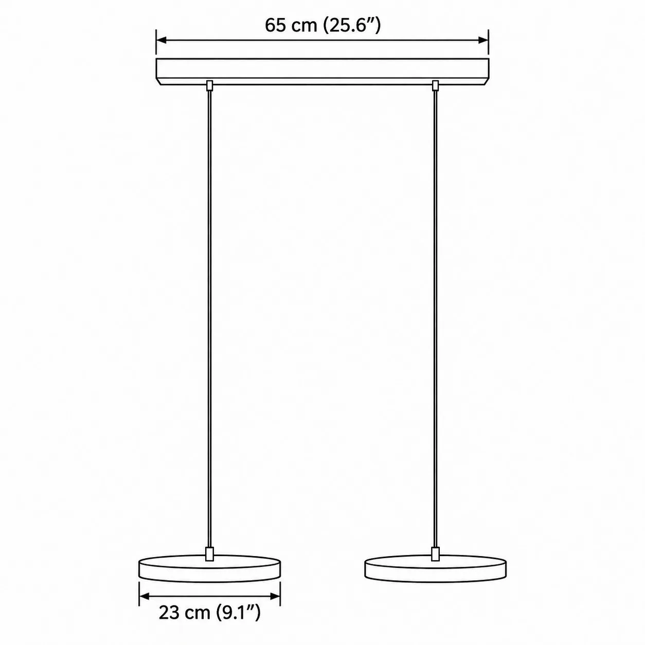 Esquema de medidas, 2 koppen, lengte totaal 65 cm, schijf 23 cm
