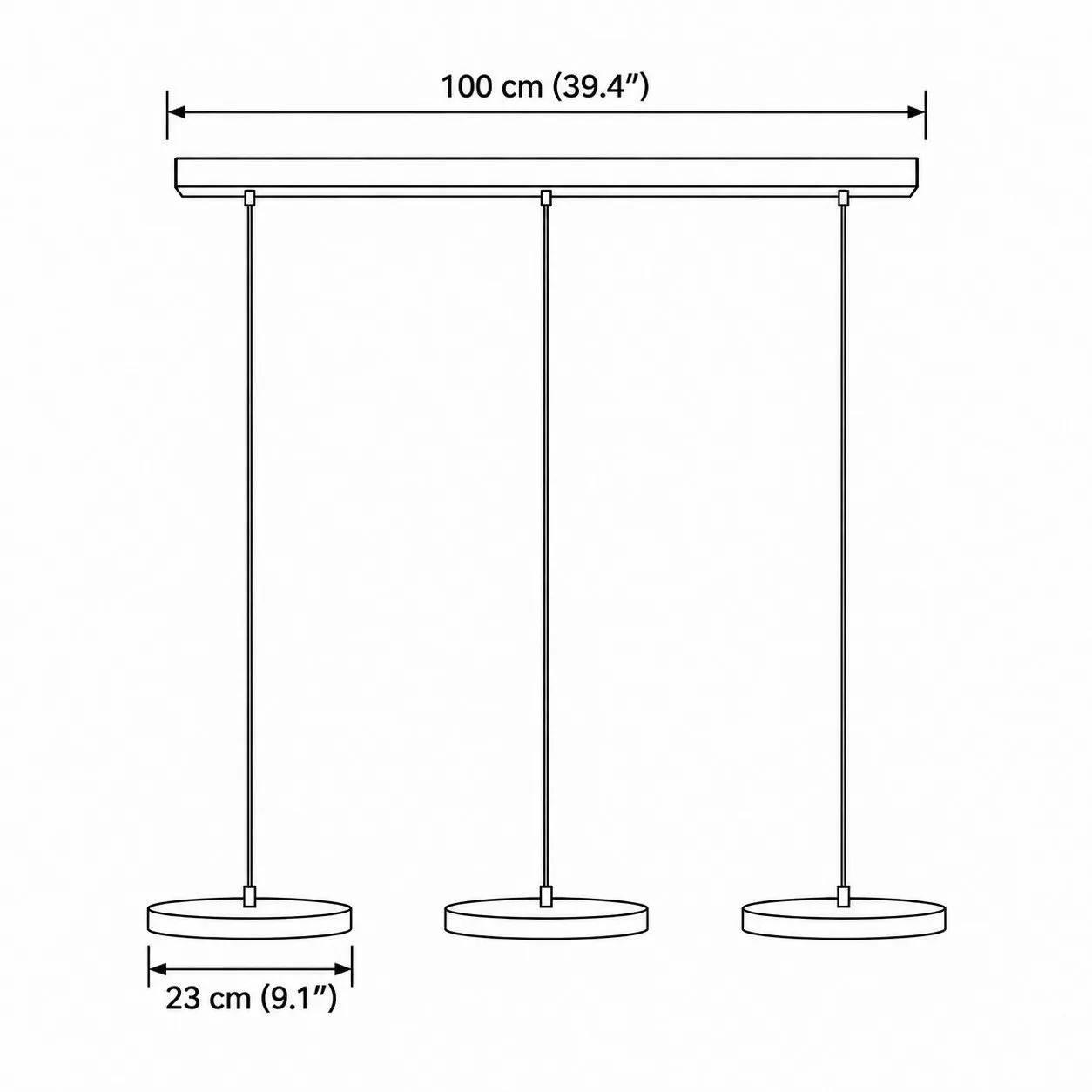 Esquema de medidas, 3 koppen, lengte totaal 100 cm, schijf 23 cm