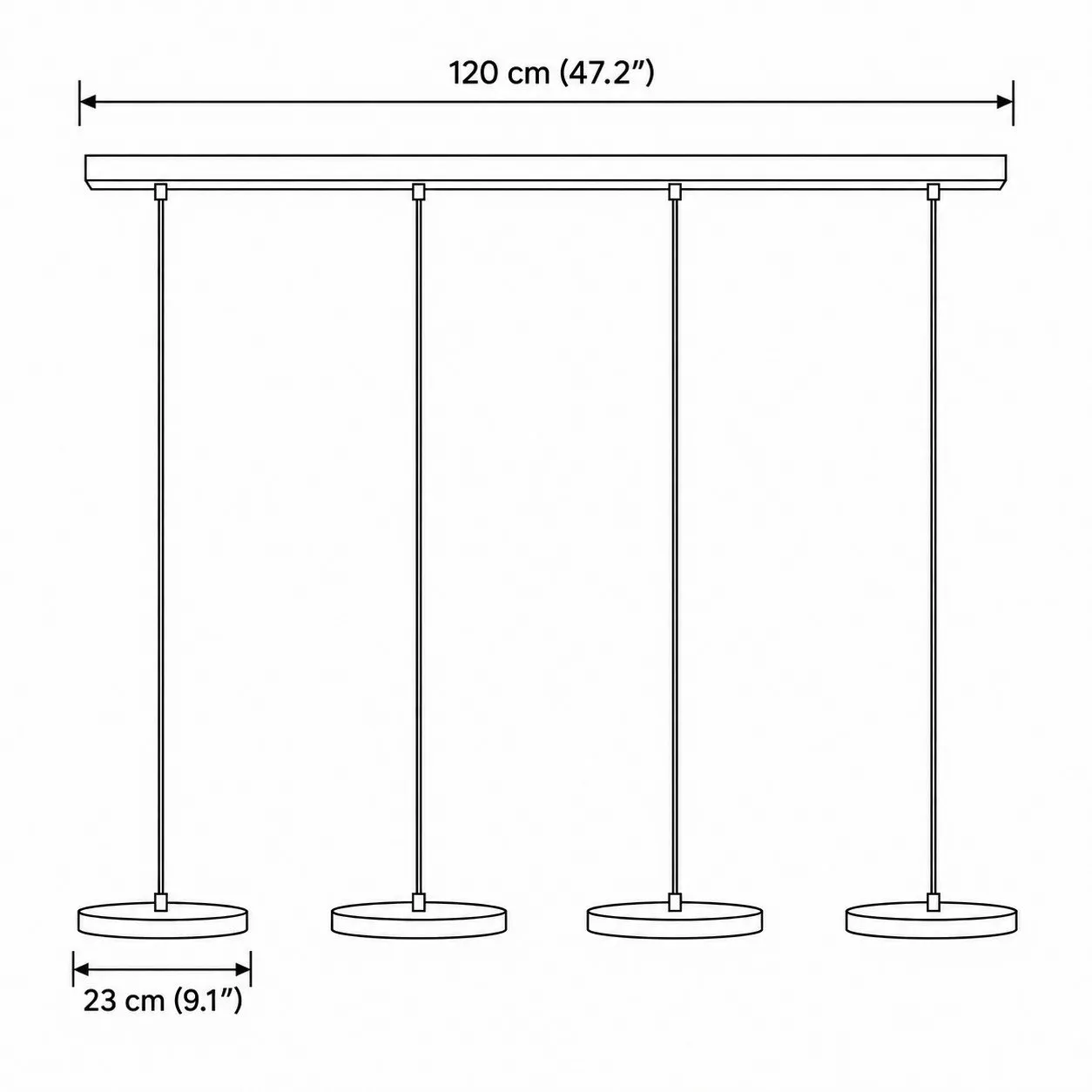 Esquema de medidas, 4 koppen, lengte totaal 120 cm, schijf 23 cm