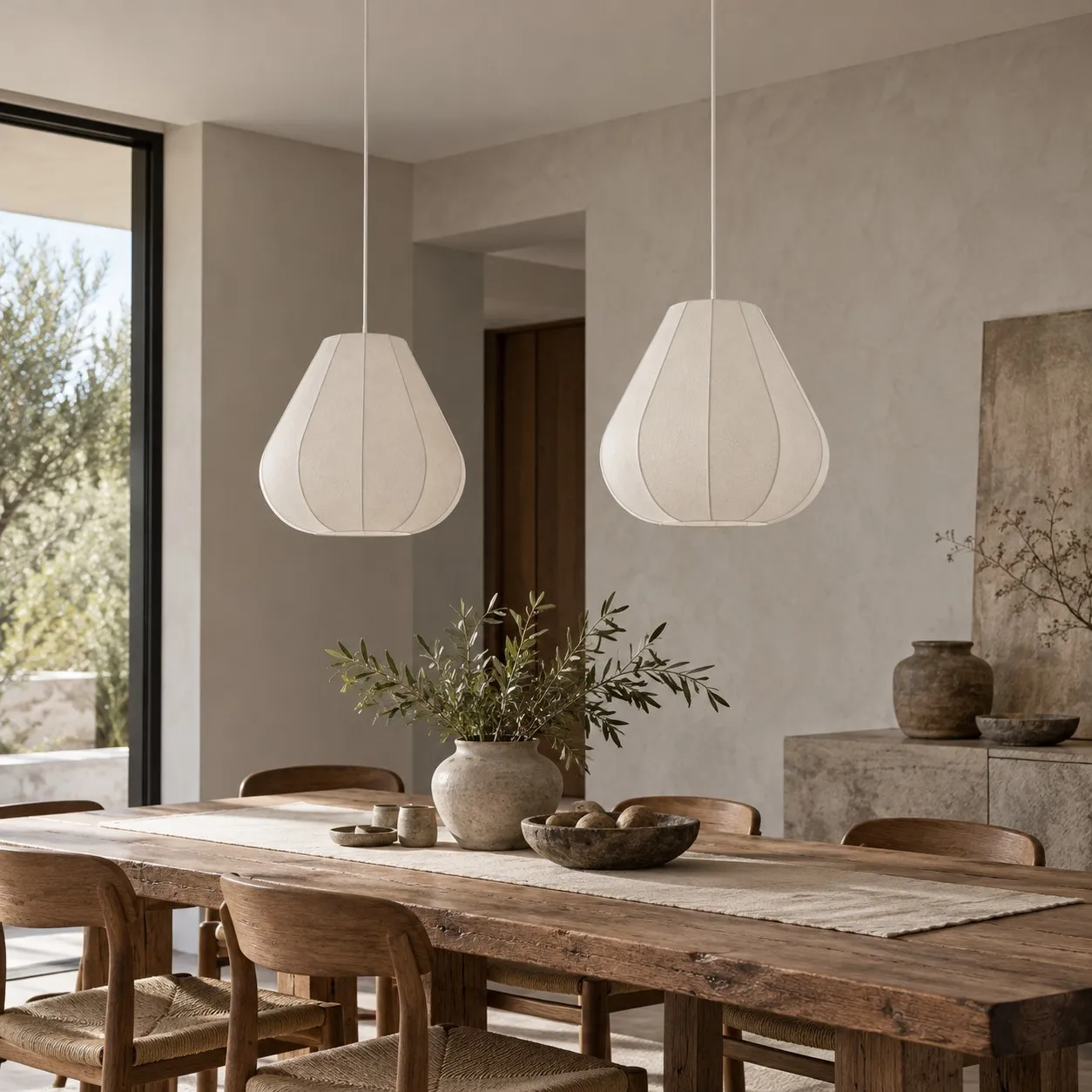 Twee witte lantaarnhangers boven een eettafel