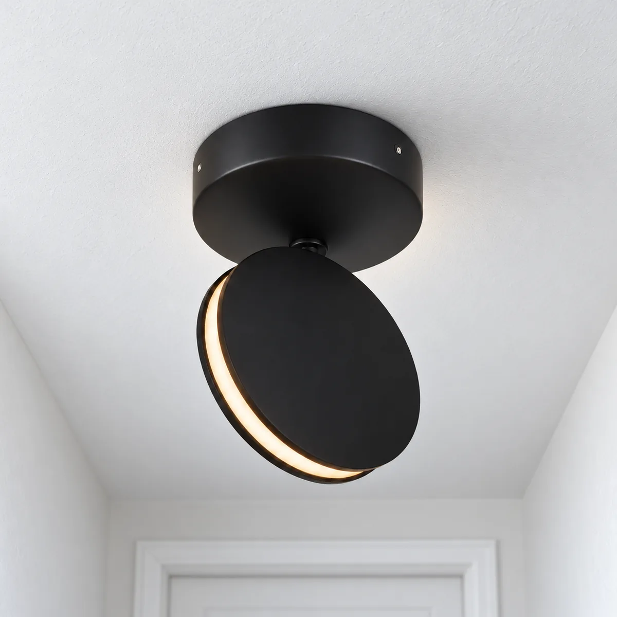 Black aluminium disc LED mounted on the ceiling